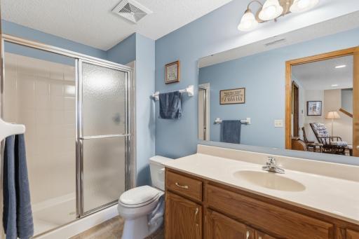 Lower Level 3/4 Bath with Lots of Cabinet and Counterspace.