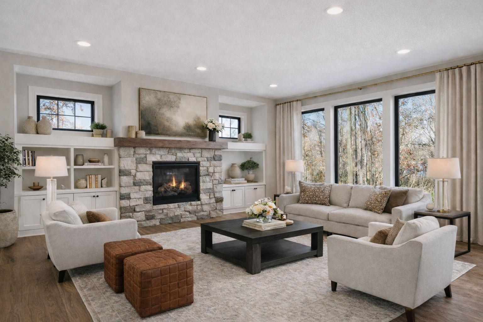 Stone fireplace and built-ins (virtually staged)