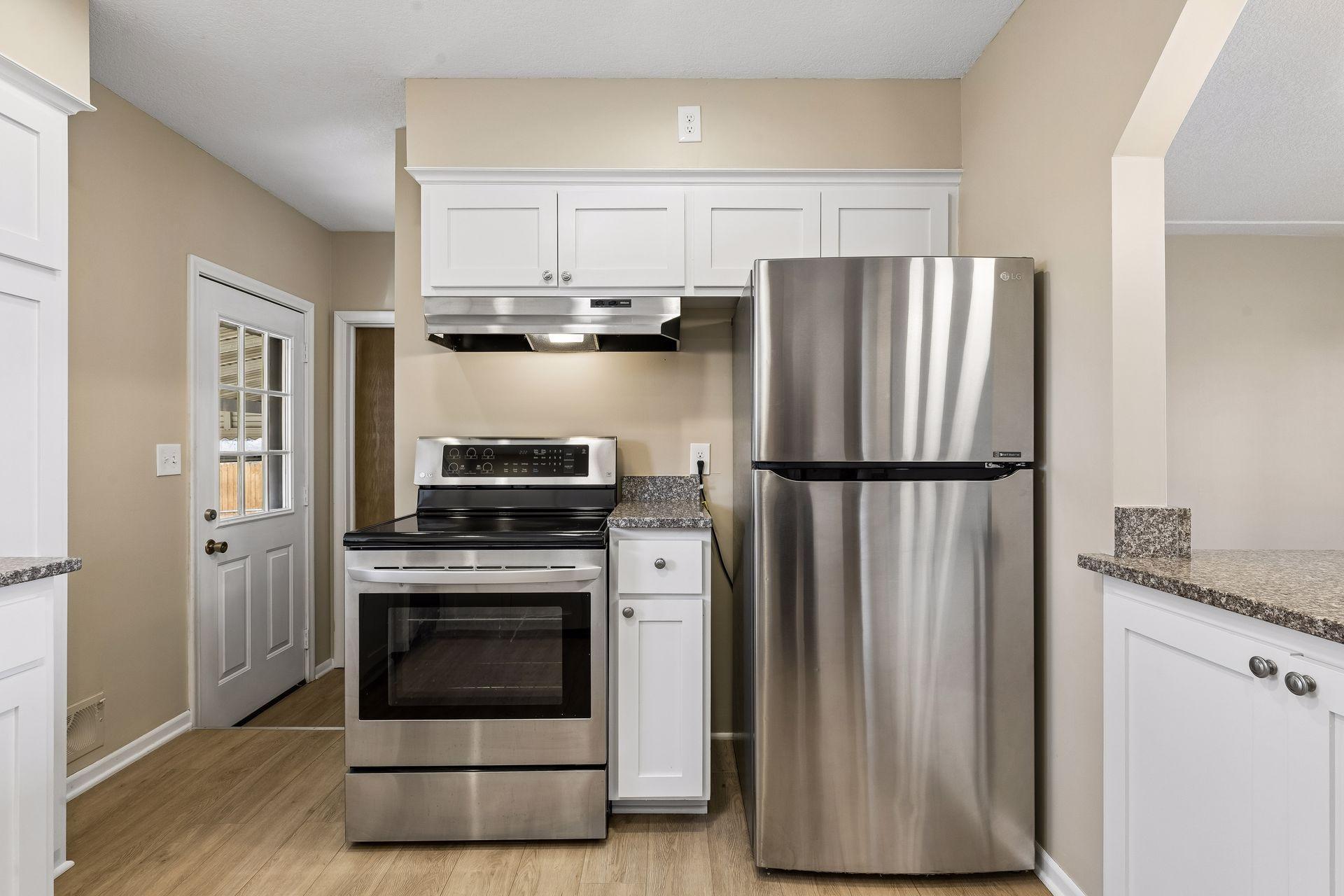 This kitchen remodel was done in 2017, and features stainless steel appliances.