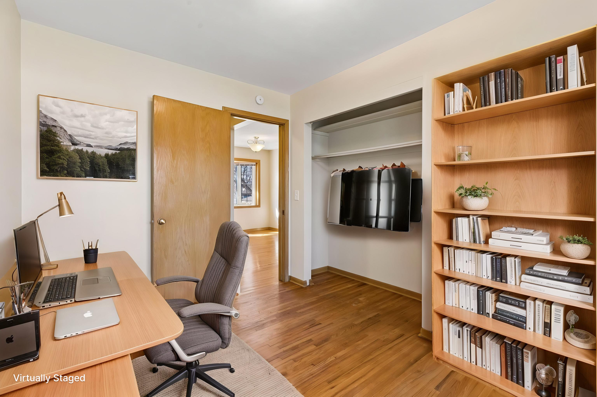 Virtually staged bedroom one.