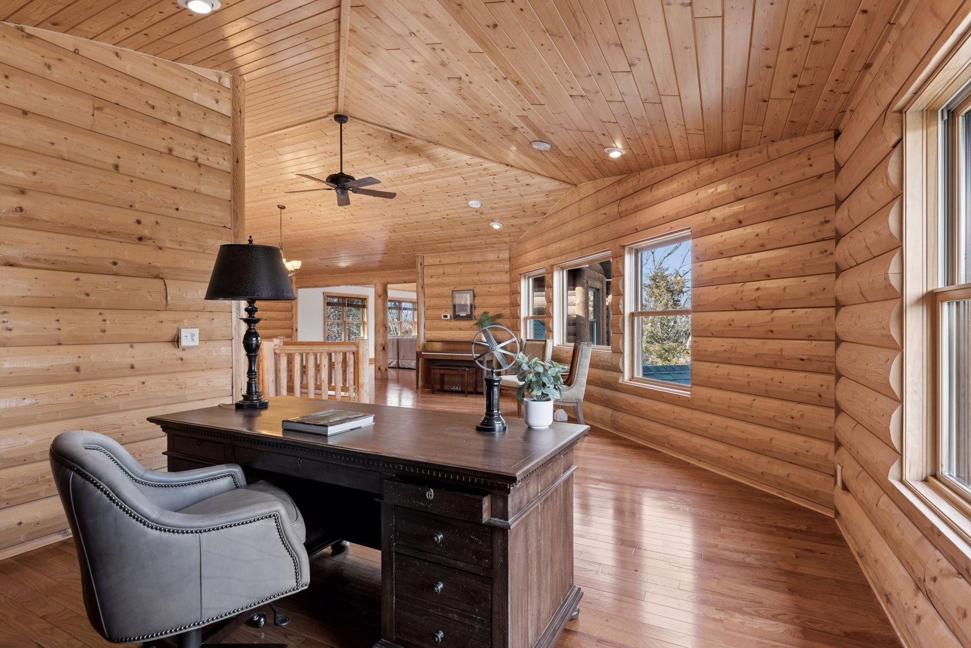 Upper-level workspace with natural light and peaceful treetop views