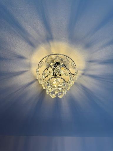 Upgraded light fixture in the primary bedroom adds elegance and elevated detail to the space.