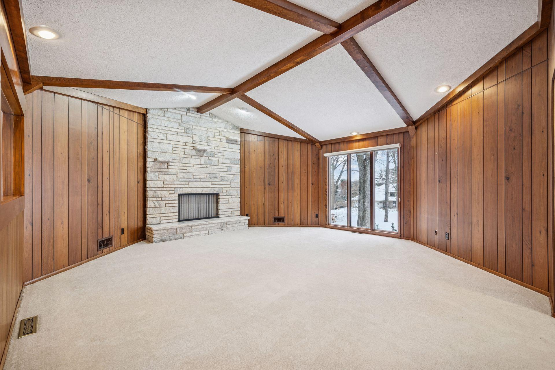 Stone wood burning fireplace