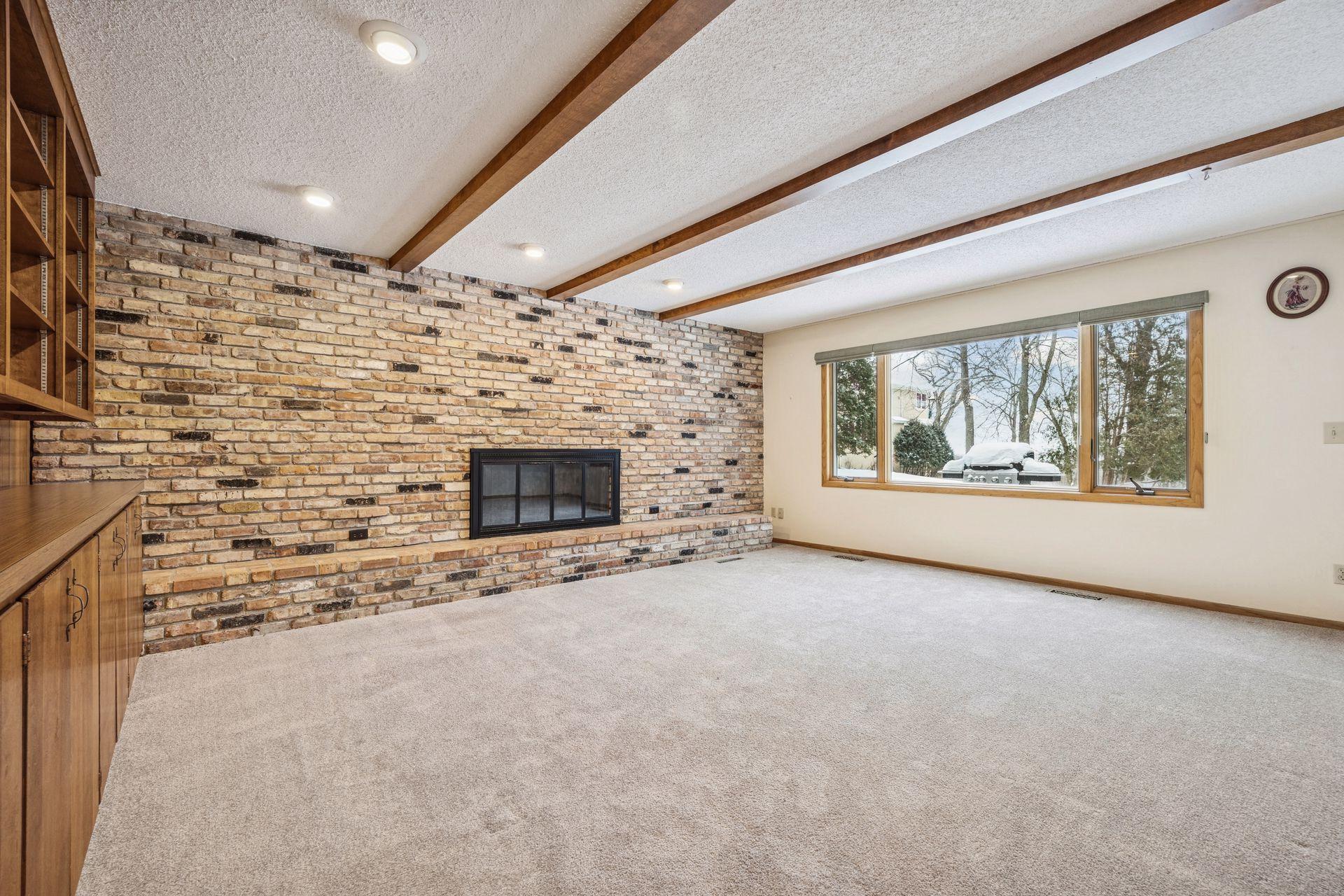 Family room wood burning fireplace