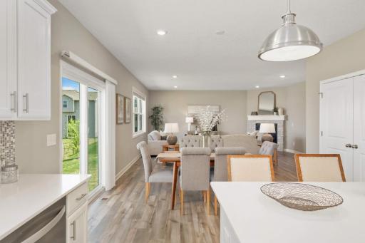 Kitchen opens to dining and living area