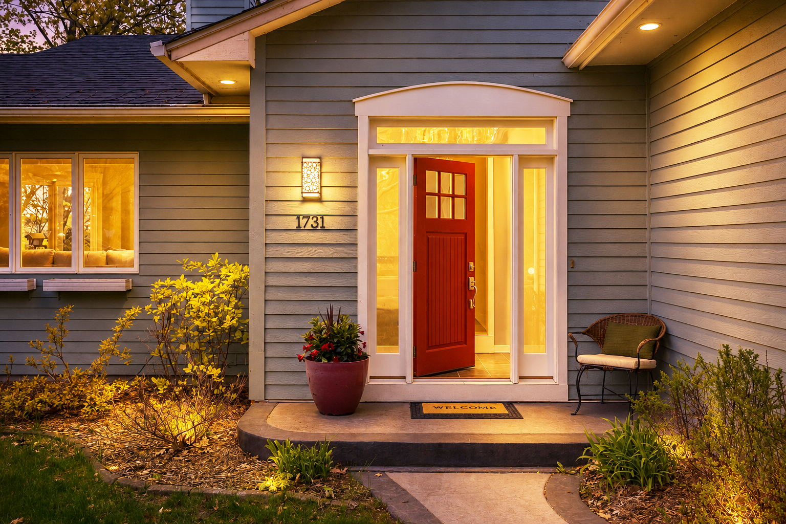 Twilight_Front Door_1731 Oakways Street, Wayzata, MN 55391 (Virtually Enhanced)