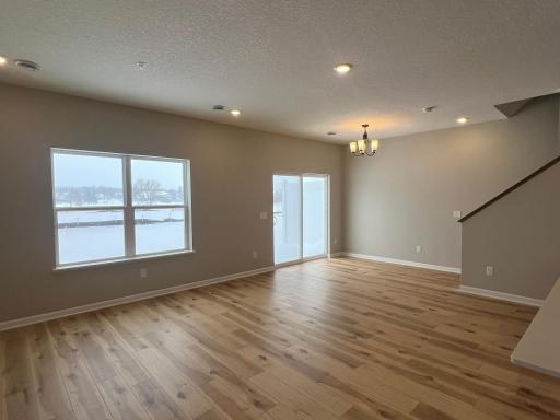 Family room and dining room on a snowy winter day