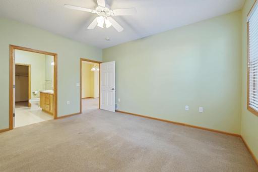 The primary bedroom is off the back of the home with nothing behind it. This quiet, calming space has an adjoining bath and walk-in closet.