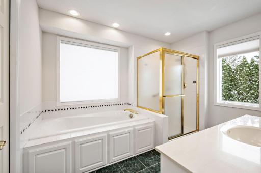 Main Floor Primary Suite has separate jetted tub and walk-in shower, tile floors, walk-in closet and recessed lighting