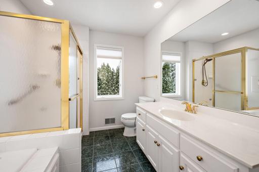 Main Floor Primary Suite has separate jetted tub and walk-in shower, tile floors, walk-in closet and recessed lighting