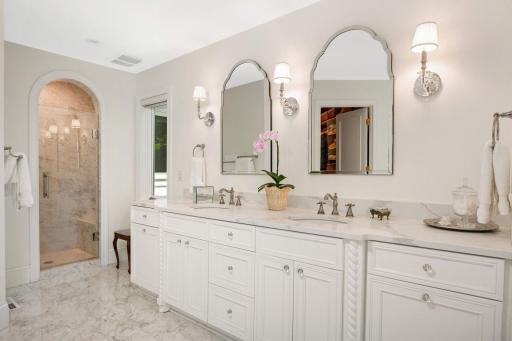 The marble cased shower took great skill, care and multiple weeks to construct in the signature arch,