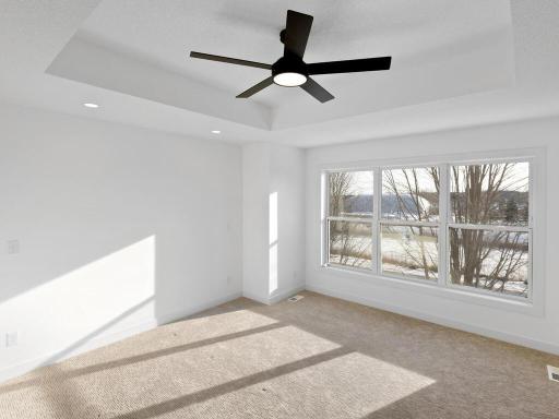 Stunning owner's suite with trayed ceiling, large walk-in closet and private bathroom. A true oasis!