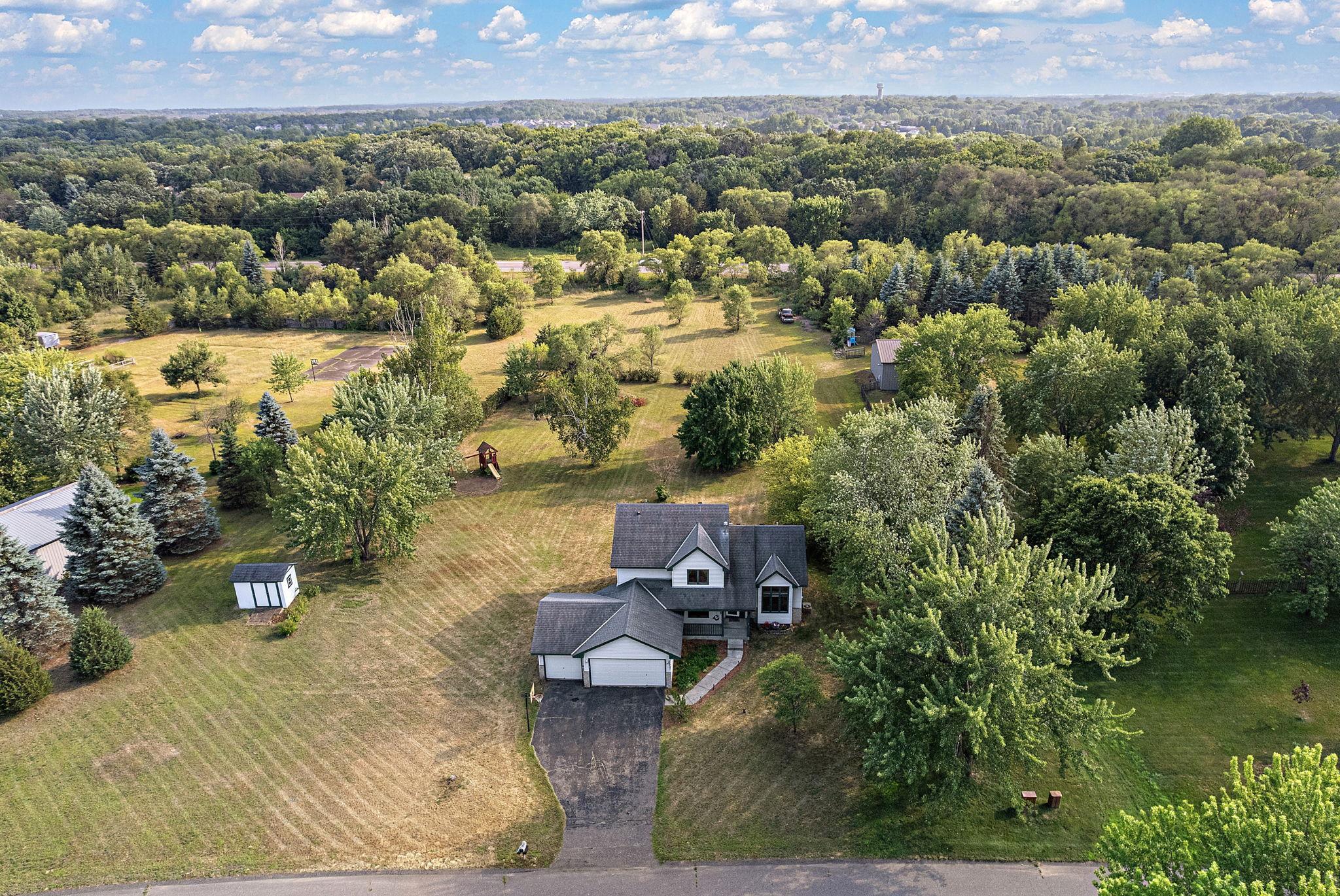 Ariel view of lot. Storage shed on left