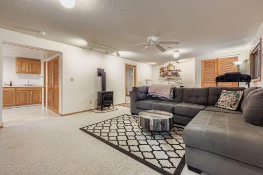 Lower-level family room with private access and gas fireplace