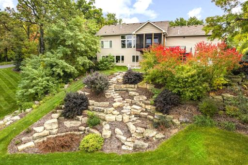 Distinctive landscape w/ boulders salvaged from the Lost Bridge â a spur off the Stone Arch Bridge once serving the grain mills along the Mississippi. Stones were cut from sandstone bedrock quarry at the fork of the Minnesota & Mississippi rivers