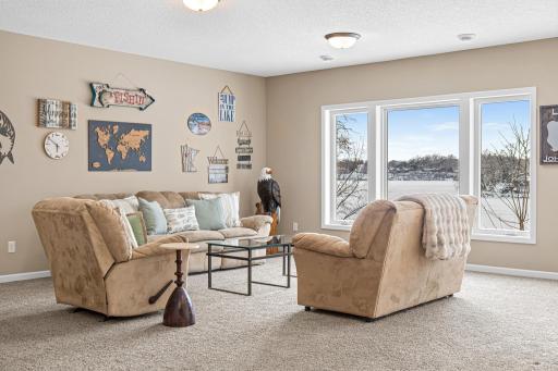 A close-up view of the living space in the lower-level family room.