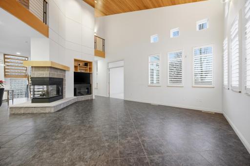 3 sided fireplace, lots of natural light