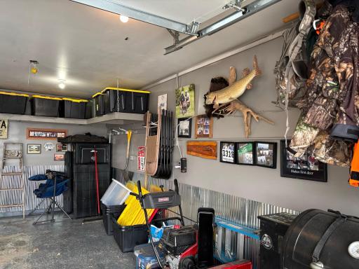 Garage has finished walls and extra storage