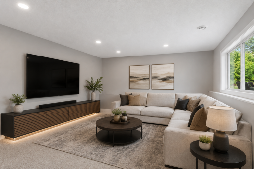 Heading downstairs, we find a large family room with windows to the rear yard.