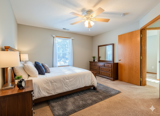 Spacious primary bedroom with ceiling fan (virtual staging)