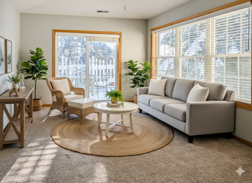 Light-filled sunroom that leads to private patio (virtual staging)