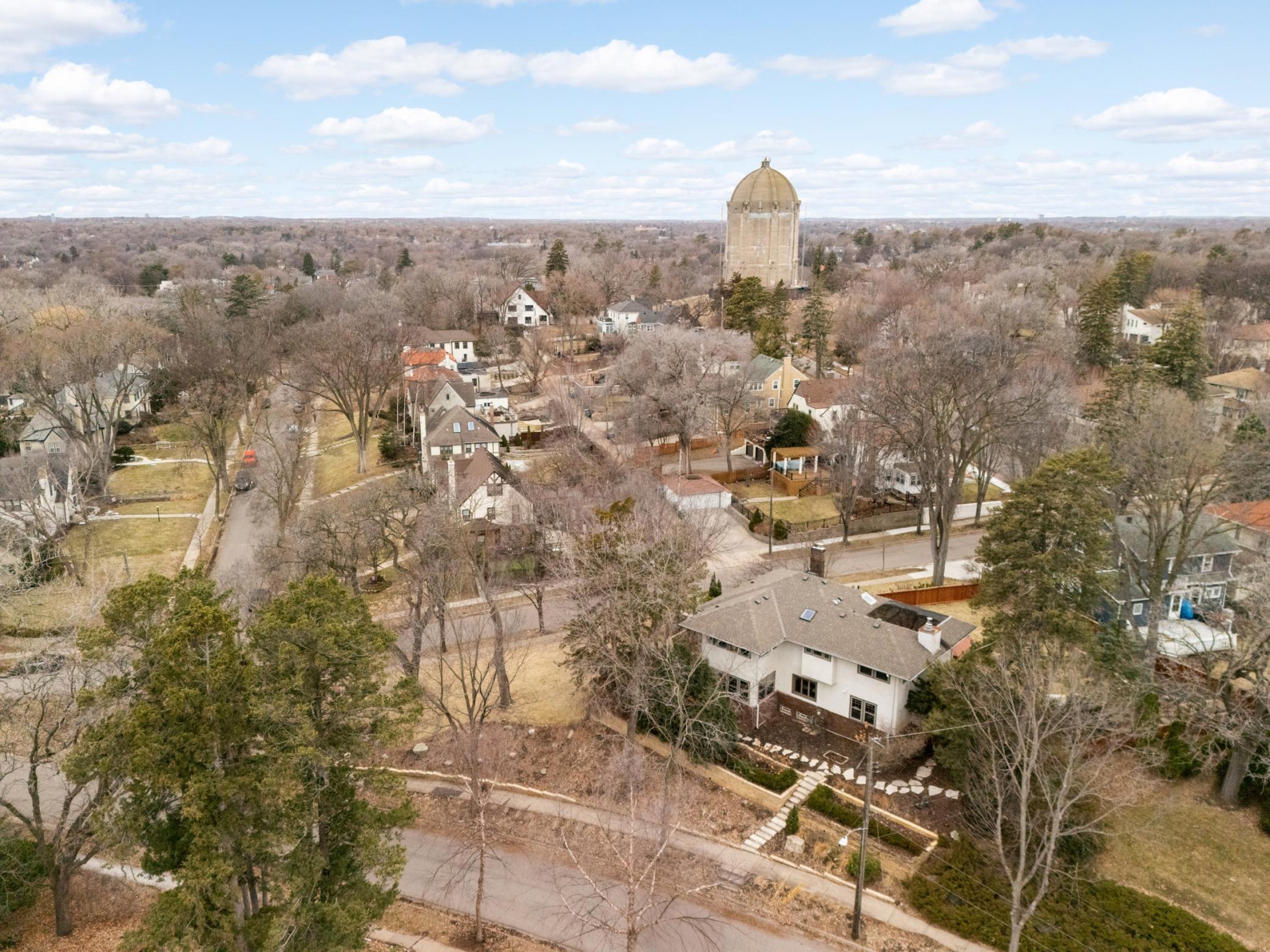 Historic neighborhood with the iconic Washburn water tower looming overhead