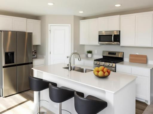 Virtually staged photo of a different home with similar finishes and plan. Kitchen features a spacious center island and corner pantry.
