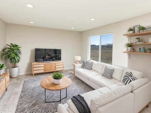 Virtually staged photo of a different home with similar finishes and plan. Great Room.