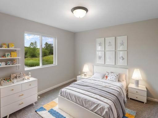 Virtually staged photo of a different home with similar finishes and plan. Bedroom 3.