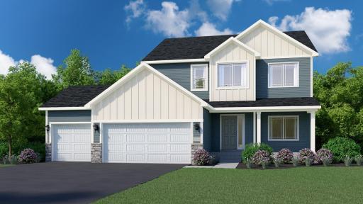 Rendering showcases spacious Concrete Front Porch & Stone Accents. Highlights include 4 BAY GARAGE located on a Walkout Corner Homesite! Rendering may not depict actual material, options, & finishes selected for this home.