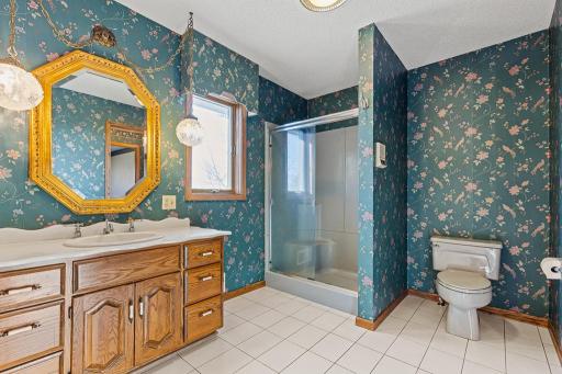 Well-appointed primary bath featuring walk-in shower, and bright natural light.