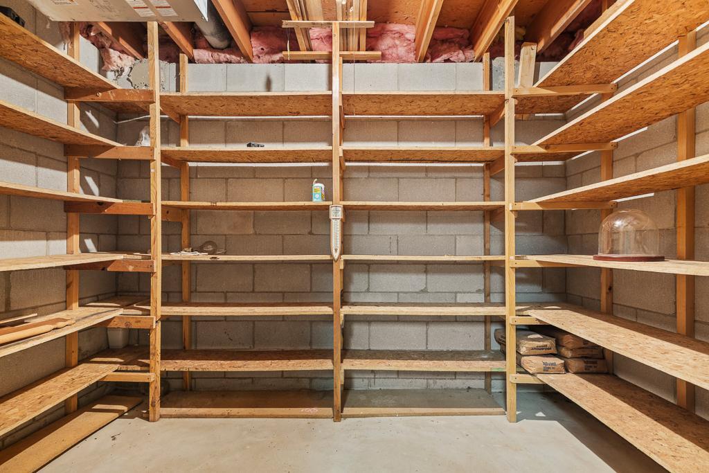 Spacious lower-level storage and canning area designed with extensive shelving for organization and everyday functionality.