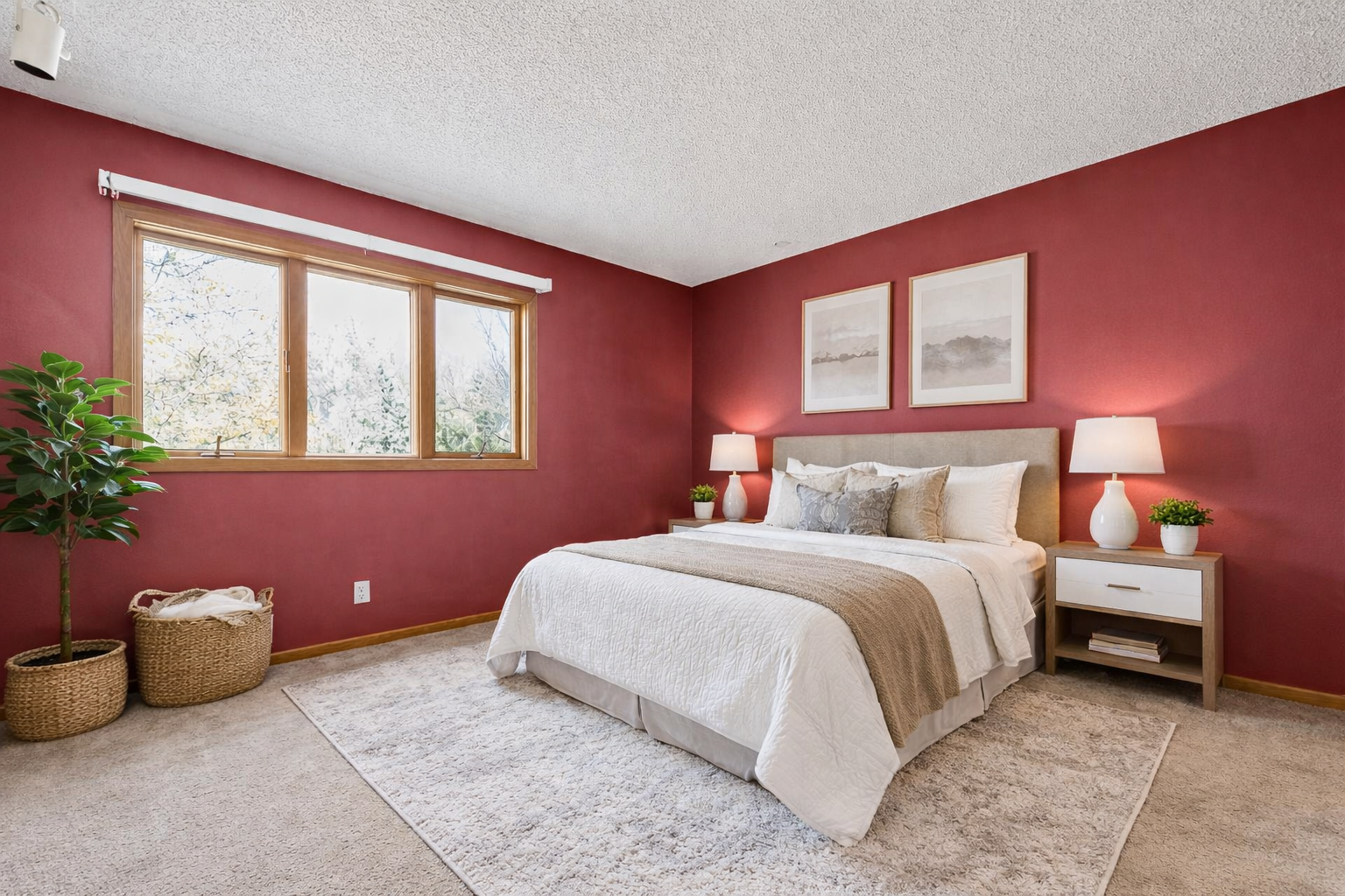 Upper-level bedroom featuring abundant natural light, spacious layout, and versatile space ideal for guests, family, or a home office setup. virtually staged