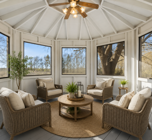 Charming screened gazebo retreat featuring panoramic nature views, vaulted ceiling with fan, and the perfect space for relaxing, entertaining, or enjoying peaceful mornings outdoors. virtually staged