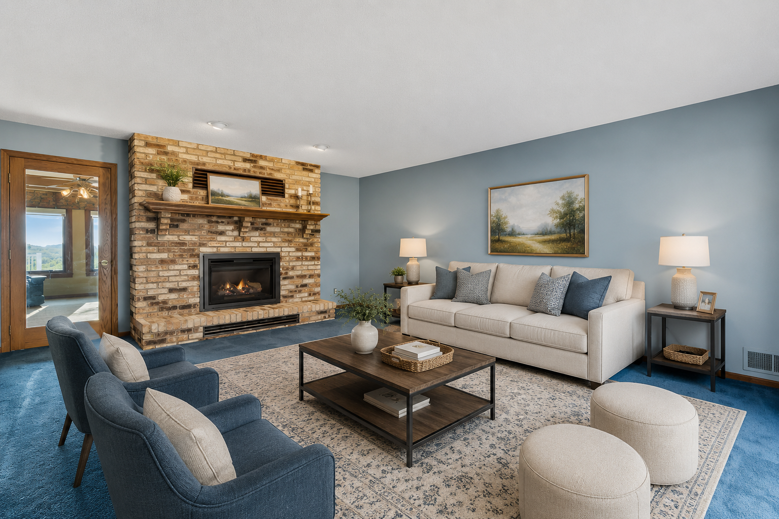 Inviting sitting area centered around a beautiful brick fireplace, creating the perfect space for relaxing and entertaining. virtually staged