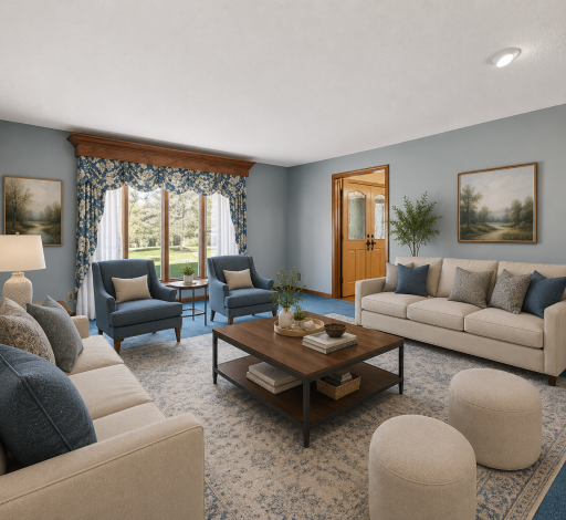 Bright and versatile sitting room with large windows, natural light, and peaceful views overlooking the surrounding property. virtually staged
