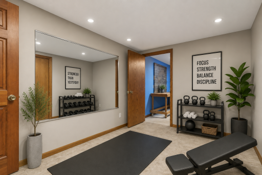 Versatile lower-level flex room with mirrored wall and ample space for a home gym, workout studio, recreation area, or additional living space. virtually staged