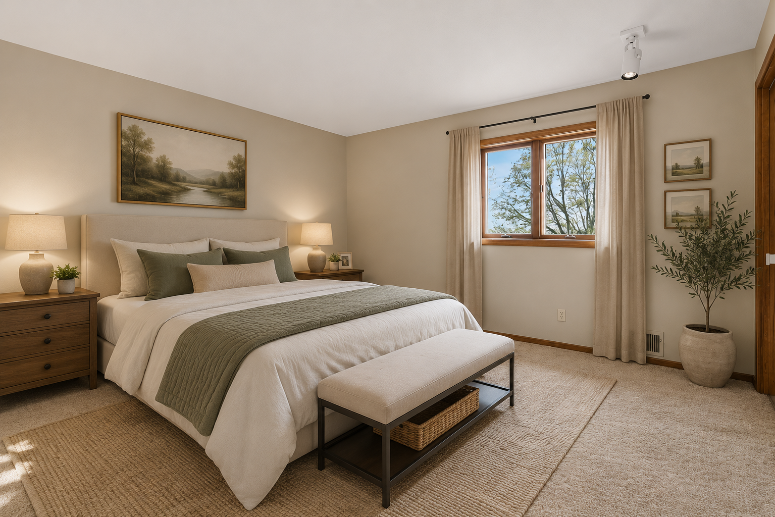 Bright and inviting bedroom with large window, spacious layout, and peaceful views of the surrounding property. virtually staged
