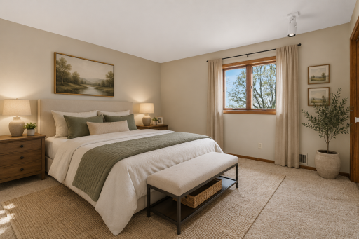 Bright and inviting bedroom with large window, spacious layout, and peaceful views of the surrounding property. virtually staged