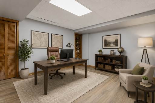 Spacious lower-level office or flex room with a functional layout ideal for remote work, a study area, or multi-purpose living. virtually staged