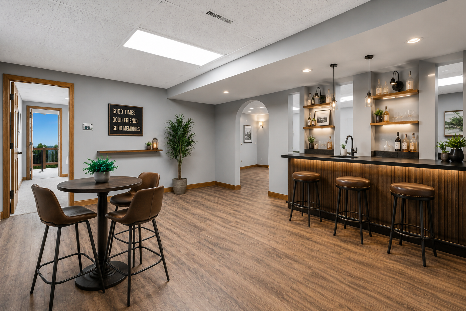 Lower-level entertainment retreat featuring a custom bar area, flexible gathering space, pub-style seating, and room to host game nights, movie nights, or casual entertaining. virtually staged