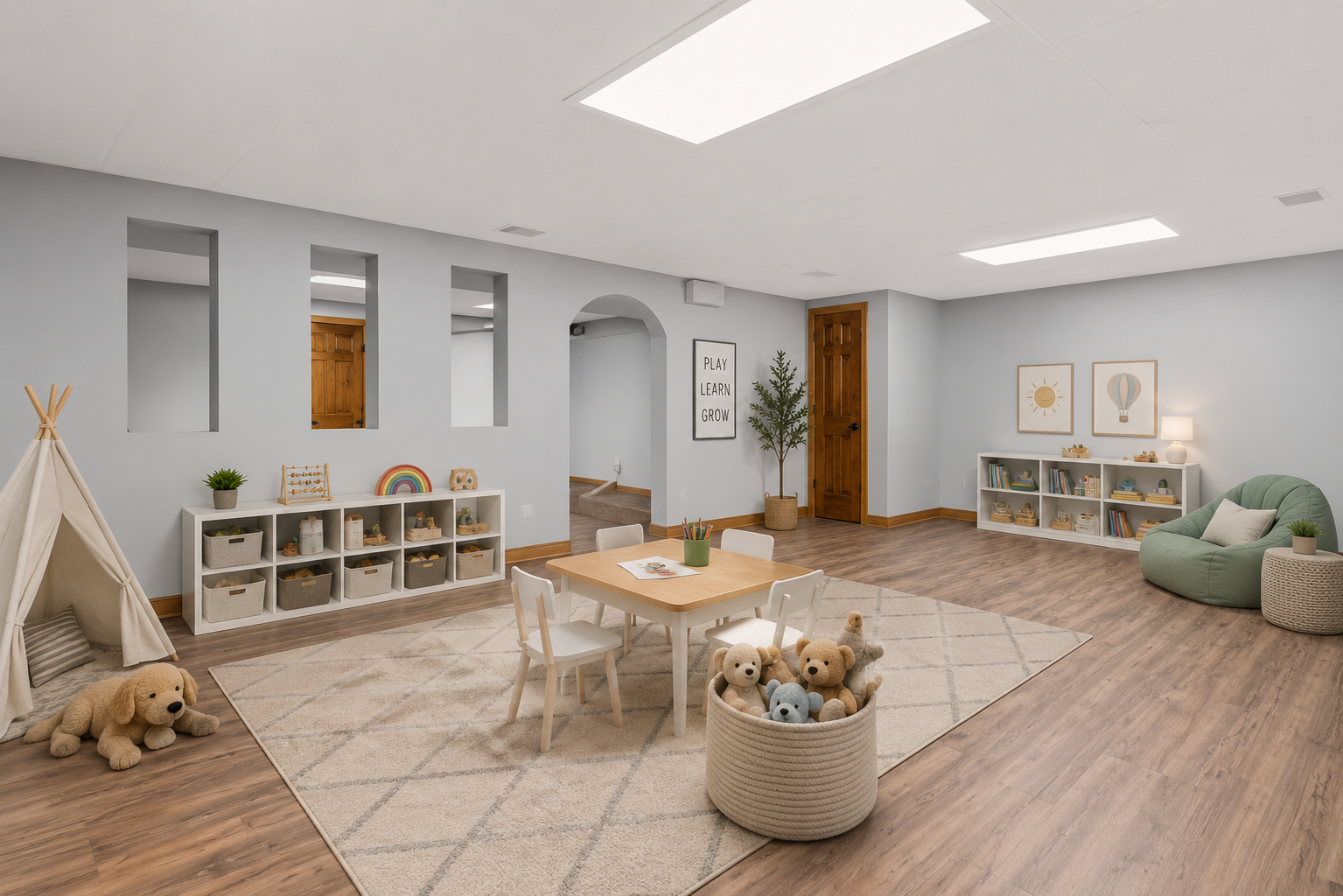 Bright lower-level gathering space offering endless possibilities for a playroom, recreation room, or family hangout. virtually staged