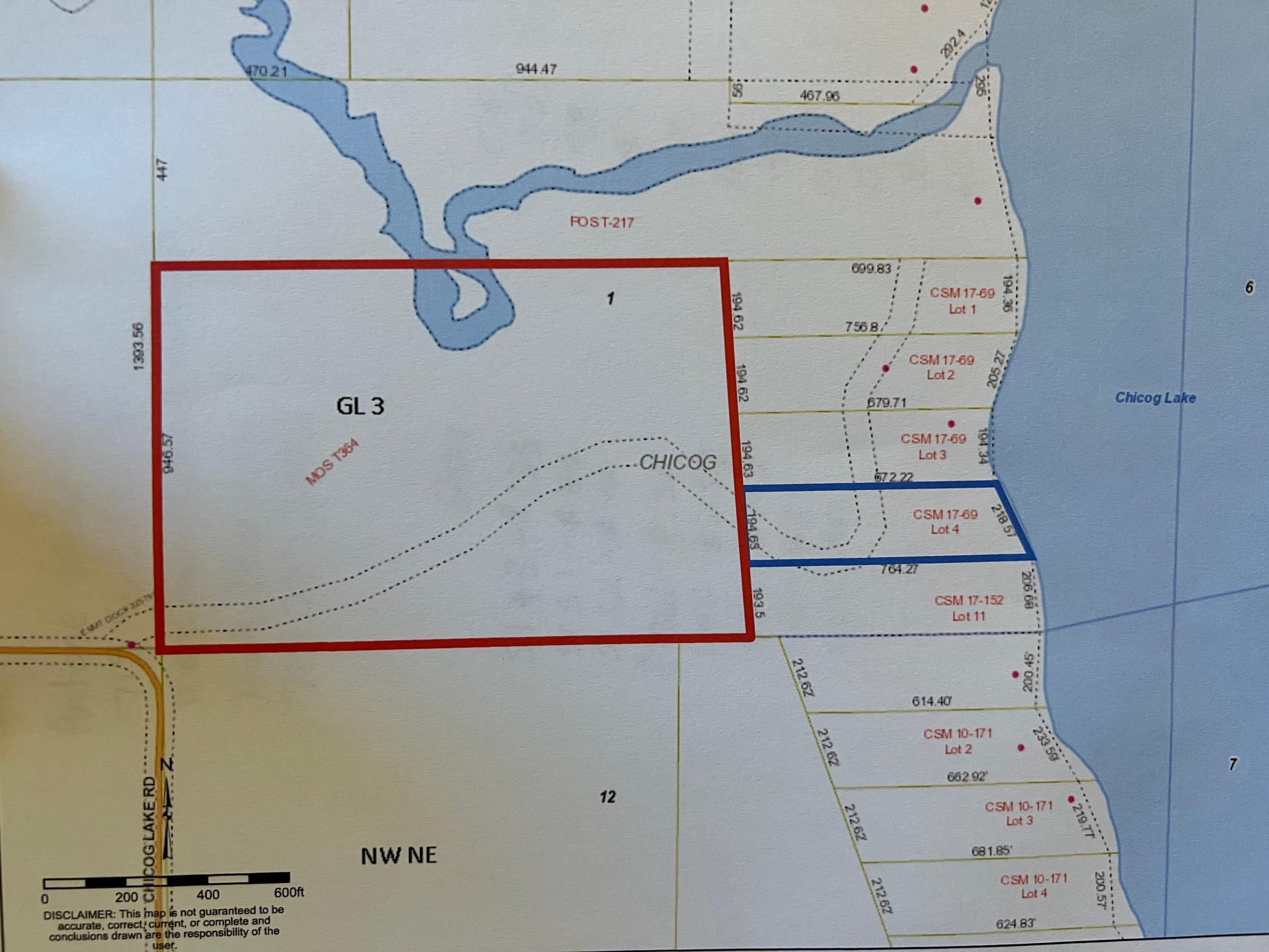 Lake lot in Blue, Additional 28 acres in Red