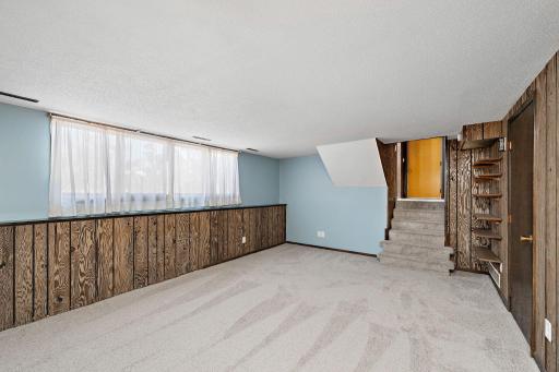 View from stairs in entry to the lower level family room.