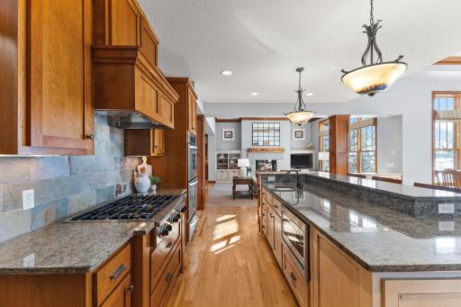Chef's kitchen with integrated appliances, granite counter tops and stone backsplash