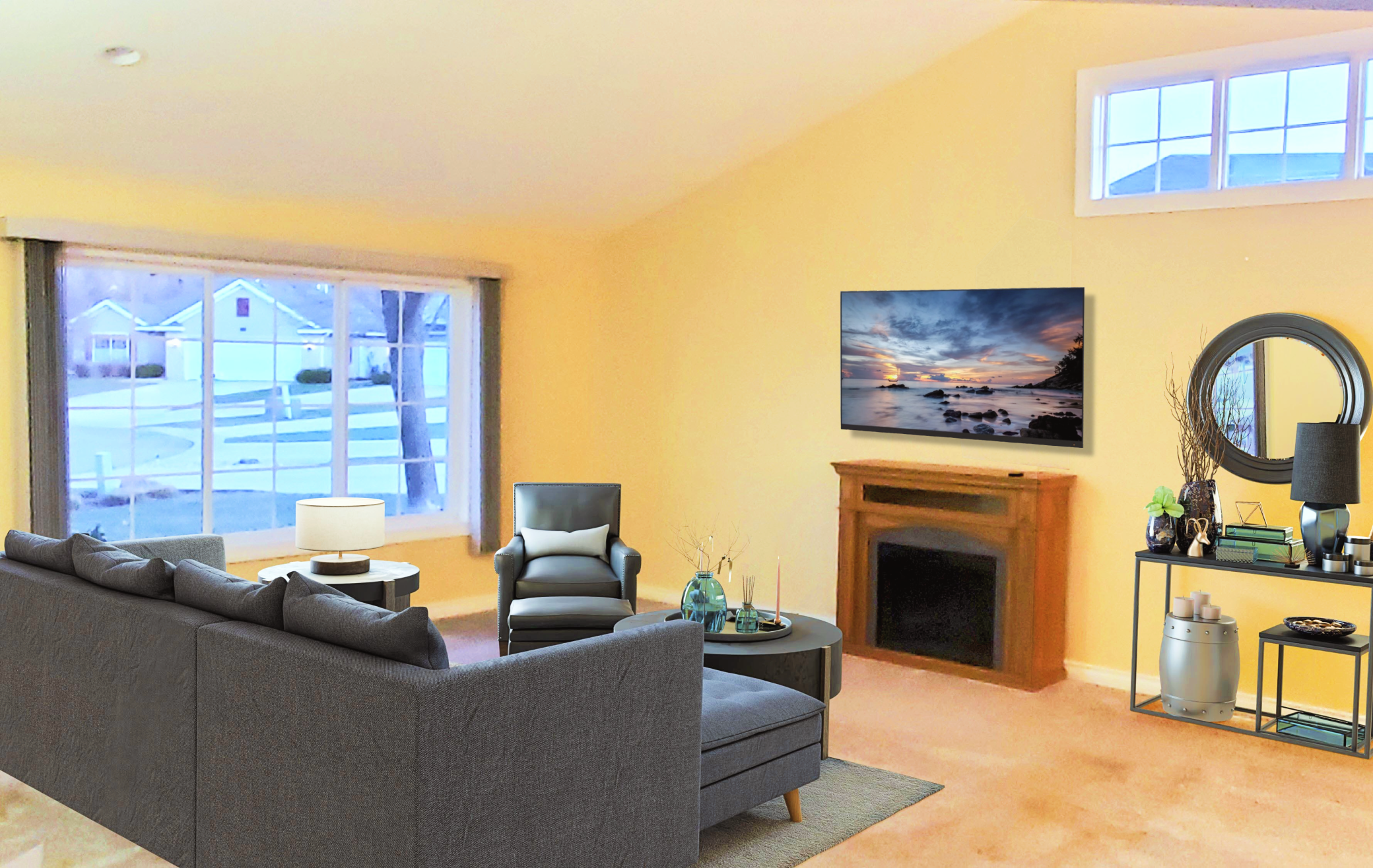 Living Room (AI staged, fireplace real)