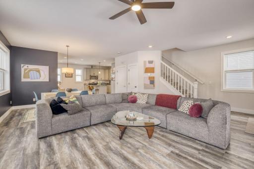 Open floor plan on the first floor. The living room and dining room are open to the kitchen. Perfect! The chef can keep their eye on the family while they are doing their homework at the table.