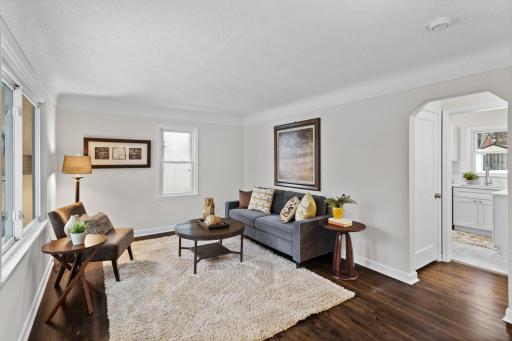 Living room with refinished hardwood floors