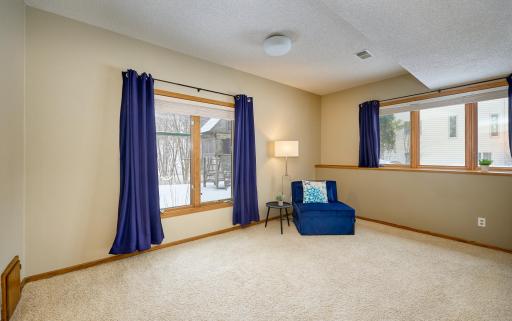 Walk-Out Level 6th Bedroom with Walk-In Closet and Creek Views overlooks the Back Yard Patio & Playset Area
