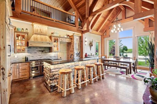 The timber frame home offers 18' vaulted ceilings